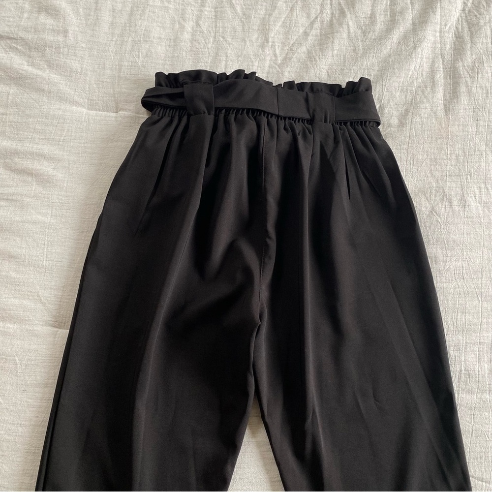 Black Paper Bag High Waist Tie Trouser Pants Straight Leg Work Casual Small - Picture 3 of 8